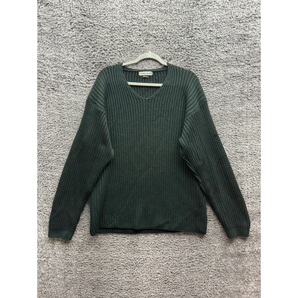 Vintage Stone Island Knitted Virgin Wool V-Neck Sweater Green Mens Size XL